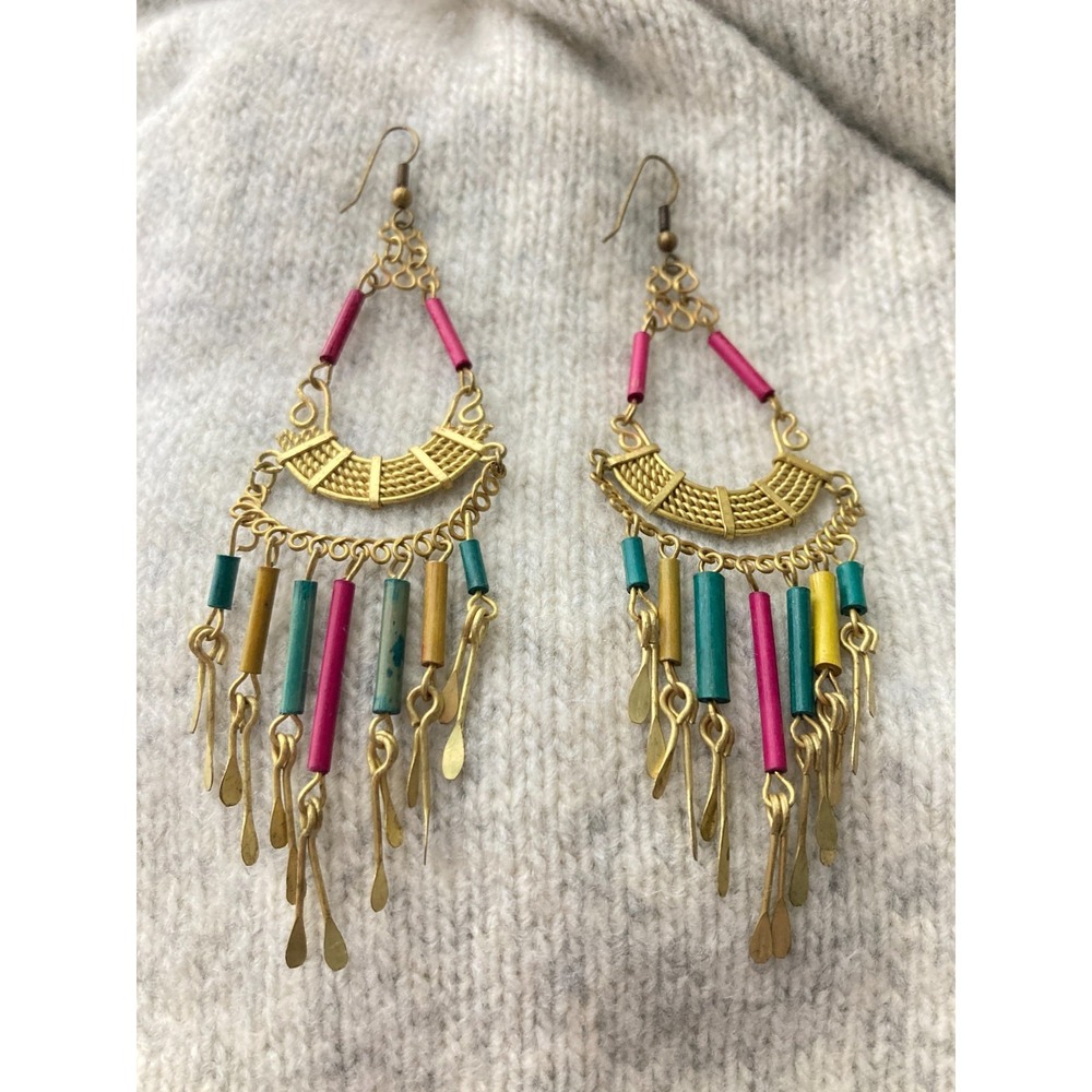 Boho Chandelier Dangle Earrings Gold Tone Multicolor Bead Fringe Pierced‎ Artsy